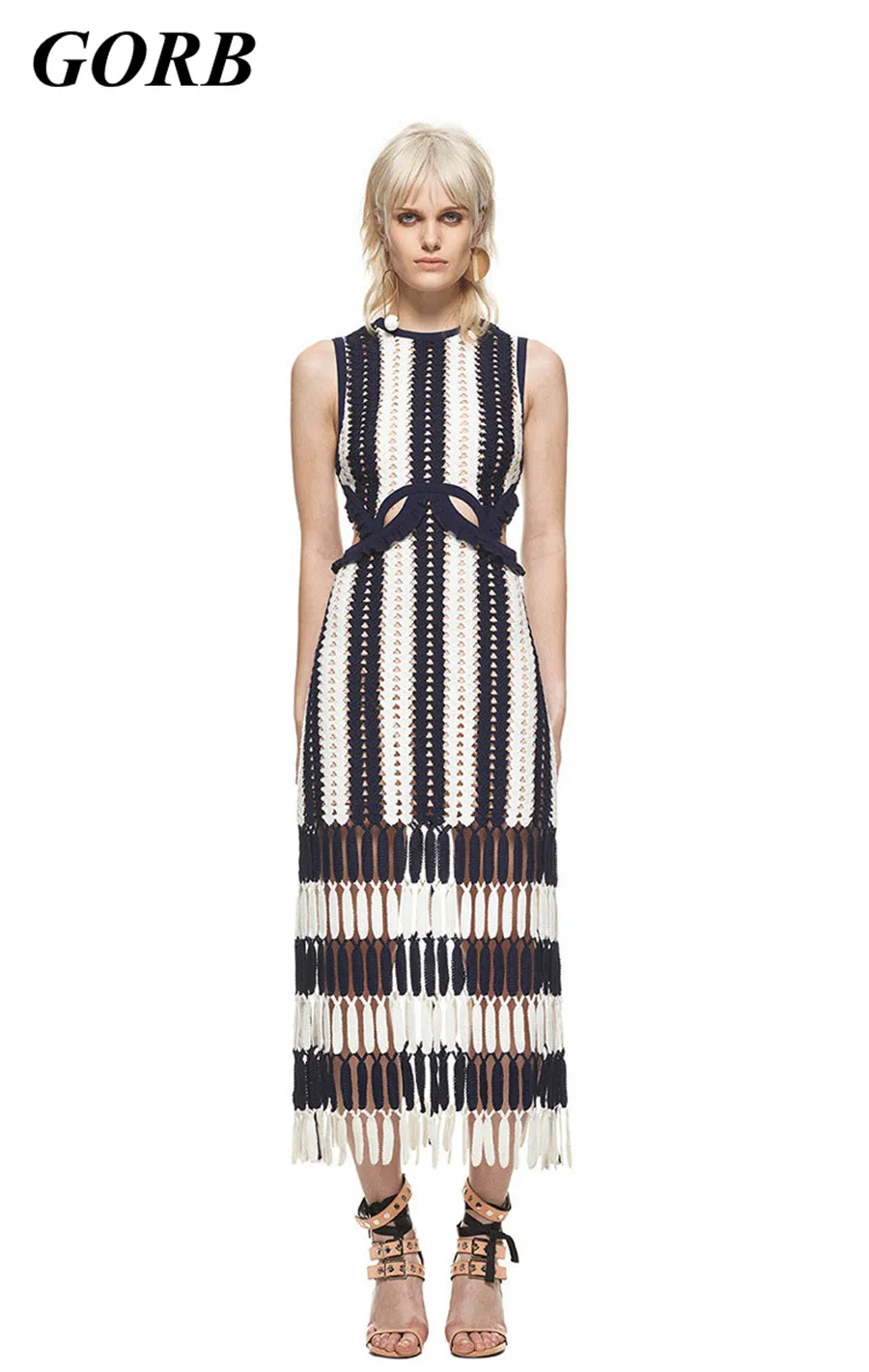 

GORB 2017 Newest Women Self Portrait Runway Tassel Blue White Striped Hit Color Slim Dress Hollow out Lace Sleeveless Long Dress