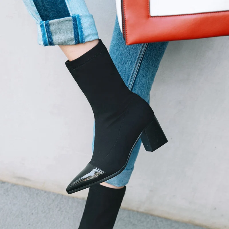 ANOVISHANA/зимние сапоги-носки; Лоскутные слипоны на толстом каблуке; женская обувь с острым носком из эластичной ткани; botas Feminino mujer; B812