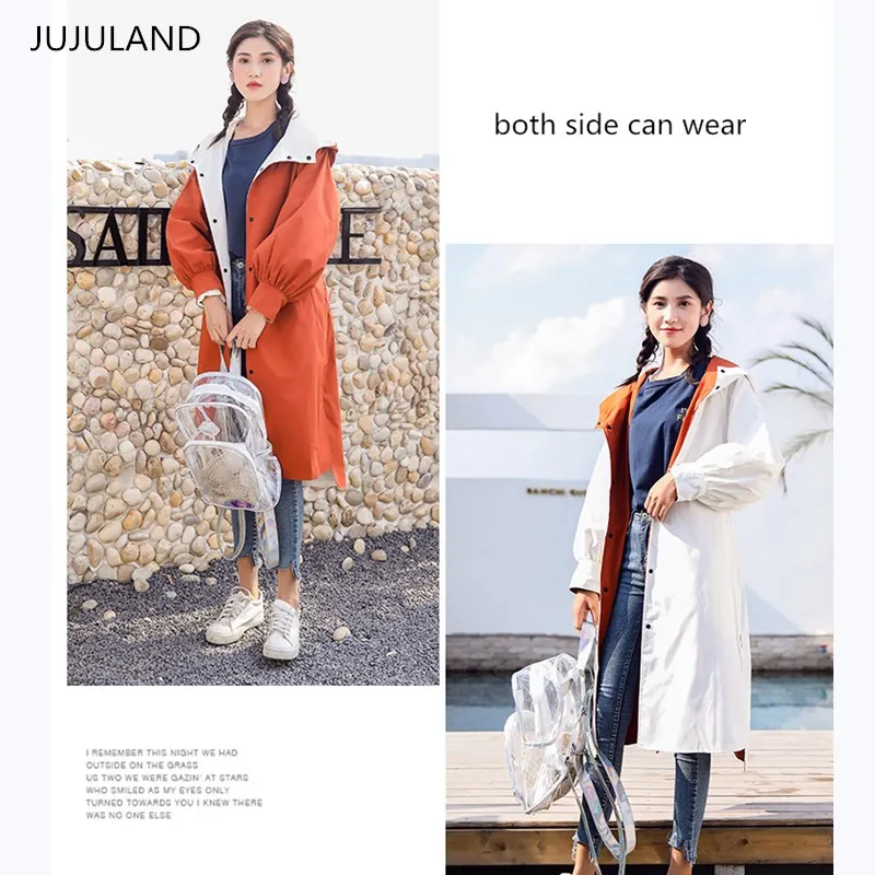 JUJULAND woman trench two side can wear solid hooded long casual coat Waterproof coat botton Elastic waist coat 2018 autumn JUJULAND woman trench two side can wear solid hooded long casual coat Waterproof coat botton Elastic waist coat 2018 autumn
