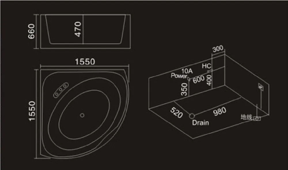 Description Picture 2 of item1550X1550mm Wall Cornor Surf Whirlpool Bubble Bathtub Acrylic Hydromassage Waterfall Colored lamps Triangular Tub NS1102