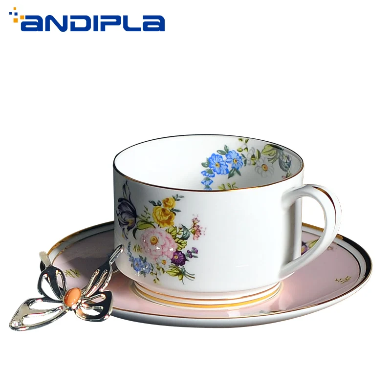 cheap 260ml British Style Upscale Bone China Mug Ceramic Coffee Cup with Saucer Spoon Kit Drinkware Pastoral Style Afternoon Tea Cups