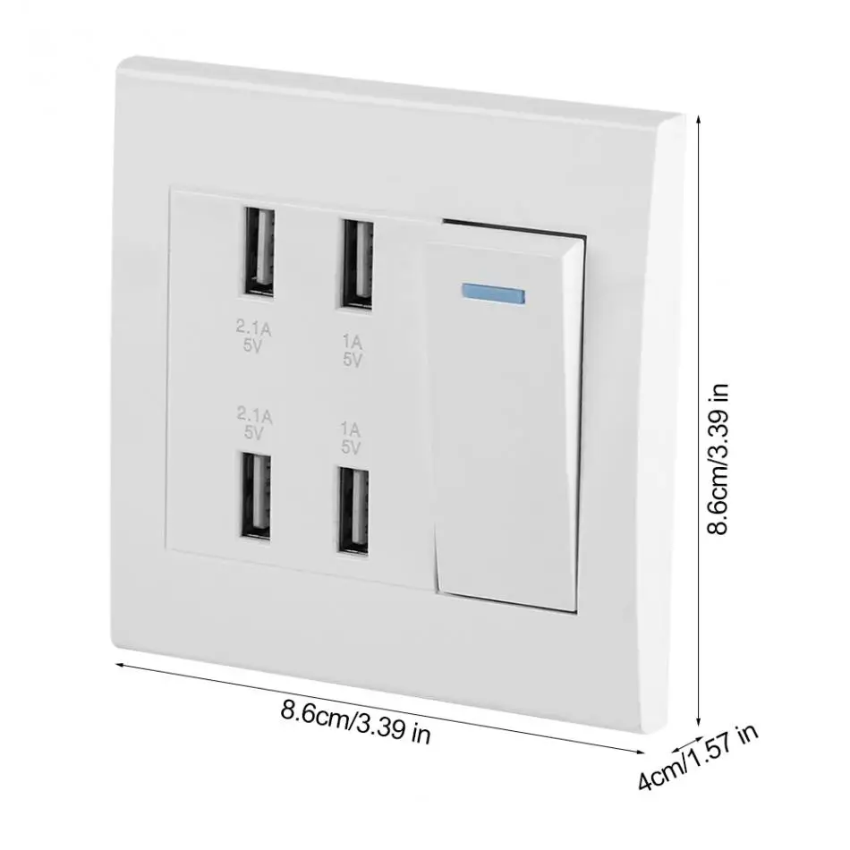 1 шт., размер: 4, Порты USB розетка переключатель Управление 5V 2.1A/1A 4100mA USB настенный Мощность гнездо Зарядное устройство розетки(220~ 250 V