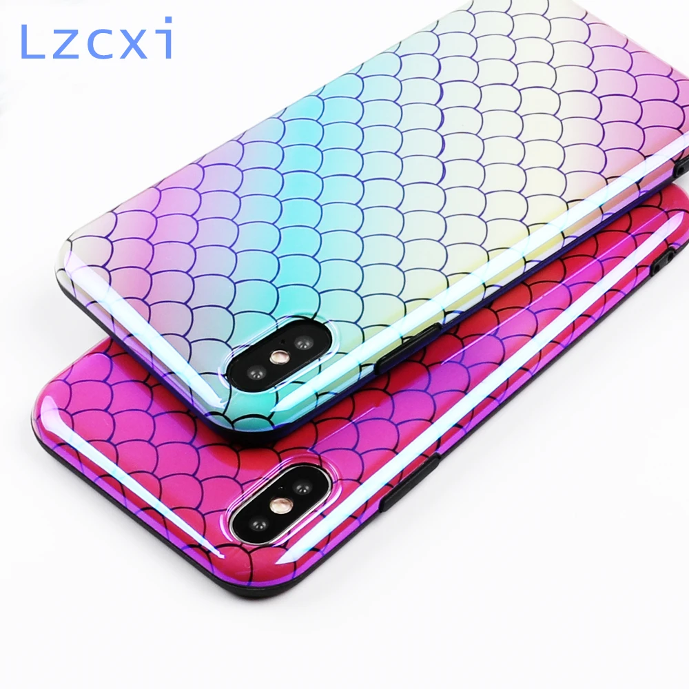 

Lzcxi Shiny Rainbow Blu-ray Laser Phone Case For iPhone 7 8 6 6S Plus Fashion Mermaid Scales Soft IMD Case for iPhone X Cover
