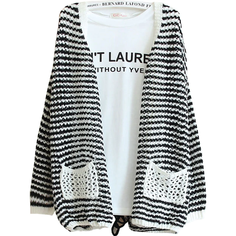 

Spring Autumn Cardigan Jacket Women Loose long-sleeved Black And White Striped Openwork Knit Sun Shirt Sweater Vestidos LXJ260
