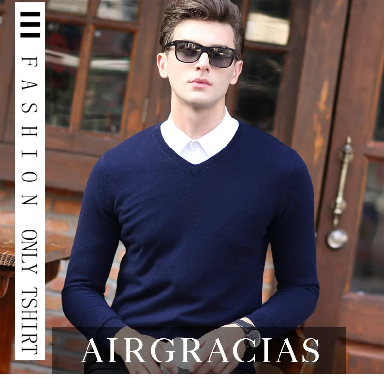 AIRGRACIAS Новинка 2017 года осень модный бренд Для мужчин шерстяной свитер с v-образным сплошной Цвет Slim Fit Вязание Для мужчин свитера пуловеры