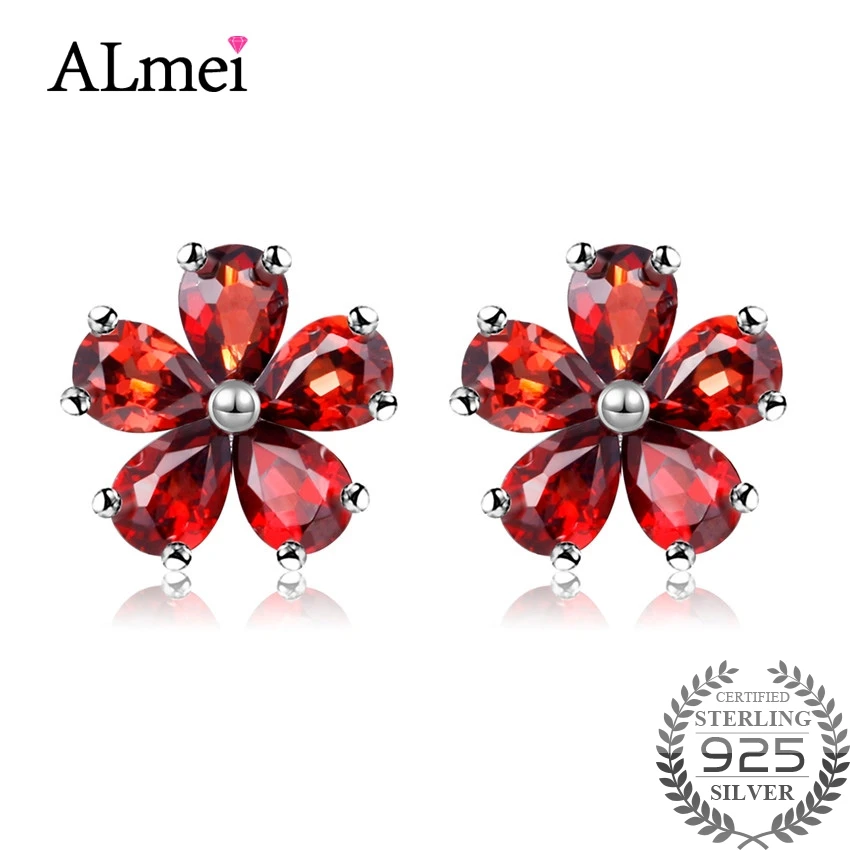 

Almei 2ct Red Garnet Flower Stud Earring Female 925 Pure Sterling Silver Small Lovely Earrings Anti-allergic with Box 10% CR003