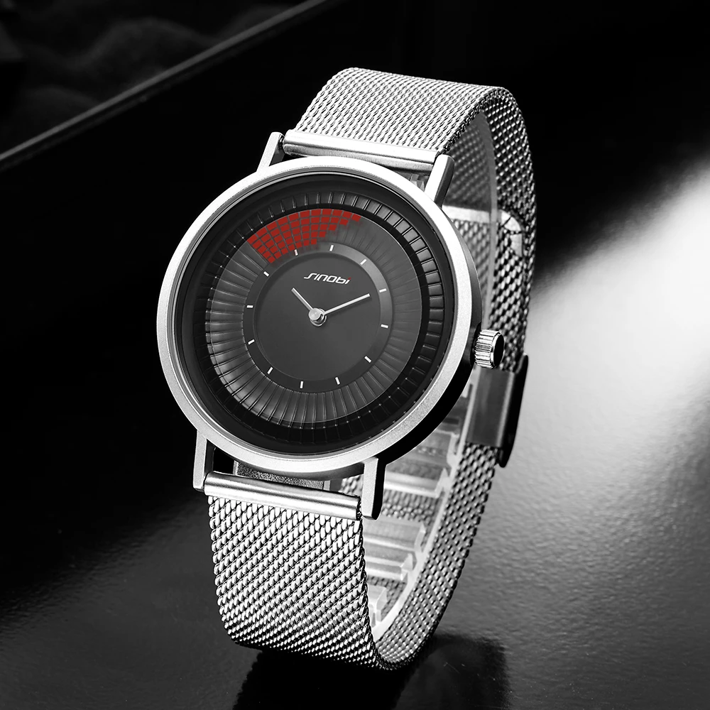 

SINOBI Mens Watches Rotating Quartz Watch Luxury Dial Stainless Steel Mesh Strap Wristwatch Erkek Kol Saati Anniversary Gift