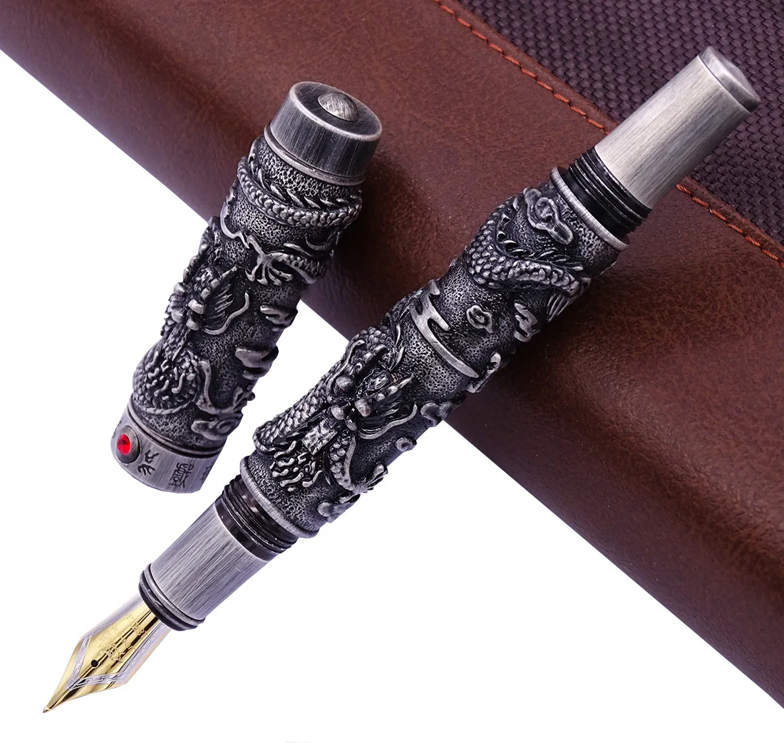 

Jinhao Vintage Luxurious Fountain Pen Double Dragon Playing Pearl, Ancient Gray Metal Carving Embossing Heavy Pen Collection