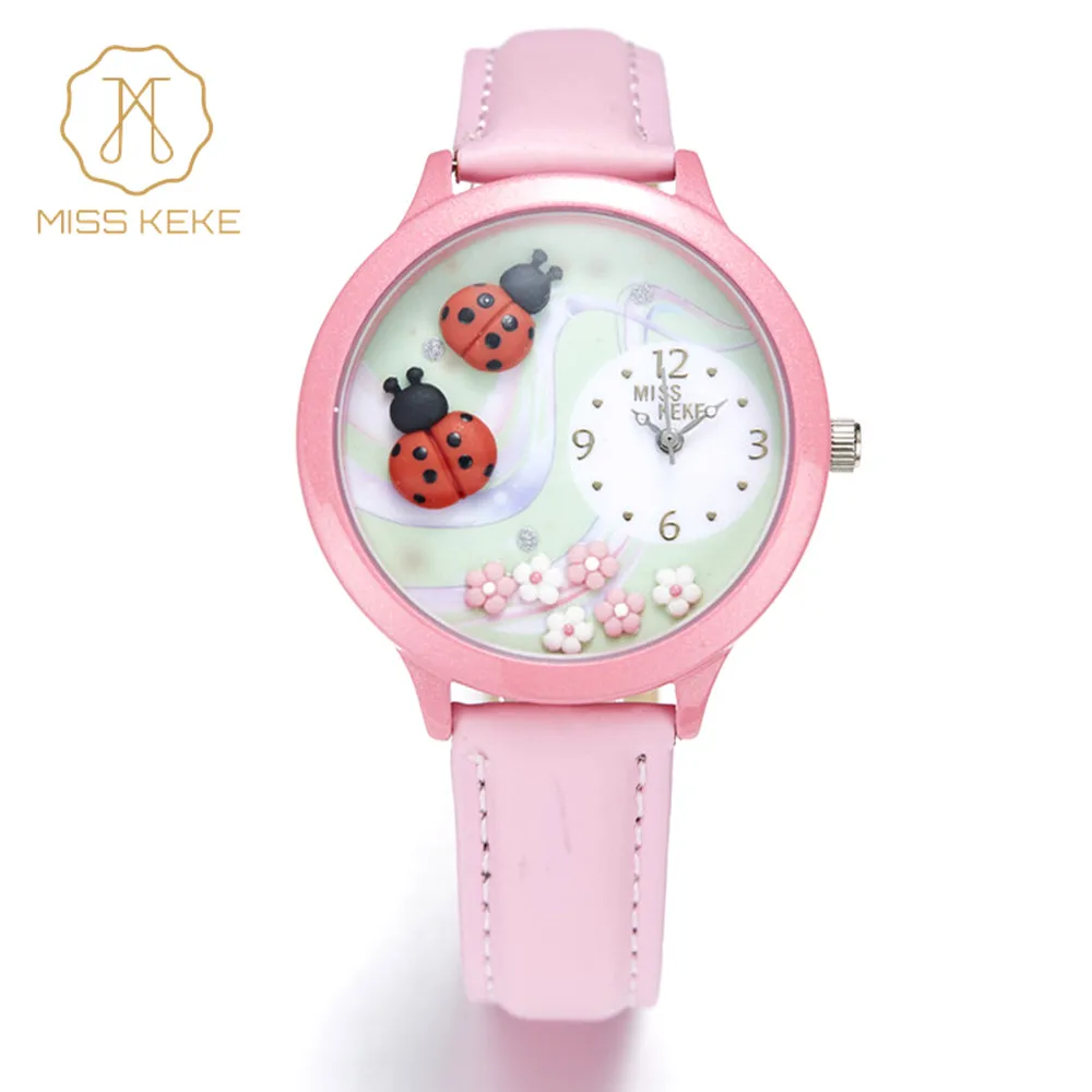 

Miss Keke Women Watch 2017 Handmade Clay Ladybug Flower Quartz Bracelet Watch Ladies Pink Leather Wrist Watches montre femme