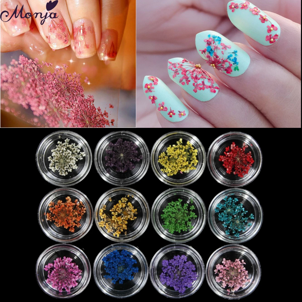 

Monja 12 Pots Nail Art Natural Real 3D Dried Flowers Stickers DIY Decoration Manicure Tools