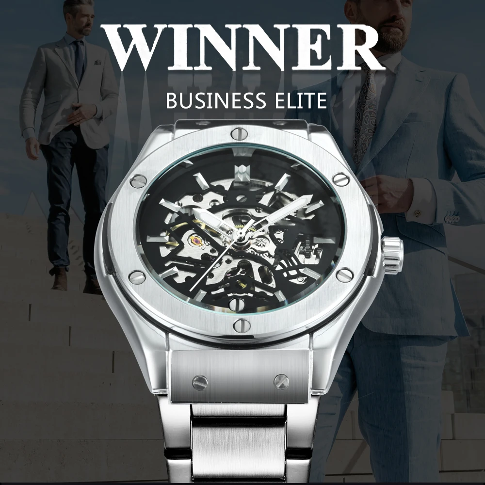 الفائز أزياء الرياضة ووتش الرجال الفاخرة التلقائي ساعات آلية الهيكل العظمي الهاتفي الفولاذ المقاوم للصدأ حزام الهيب هوب ساعة اليد رجل