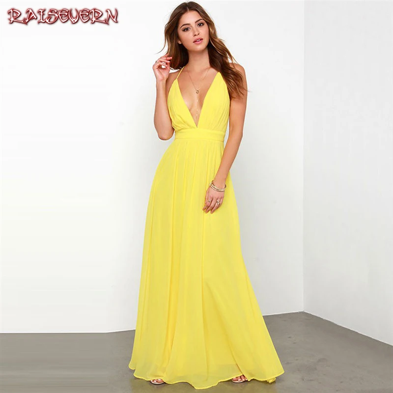 

RAISEVERN Women Sexy Bohemian Beach Strap Backless Halter V-Neck Dress Summer Casual Solid Color Slim Lady Evening Party Dress