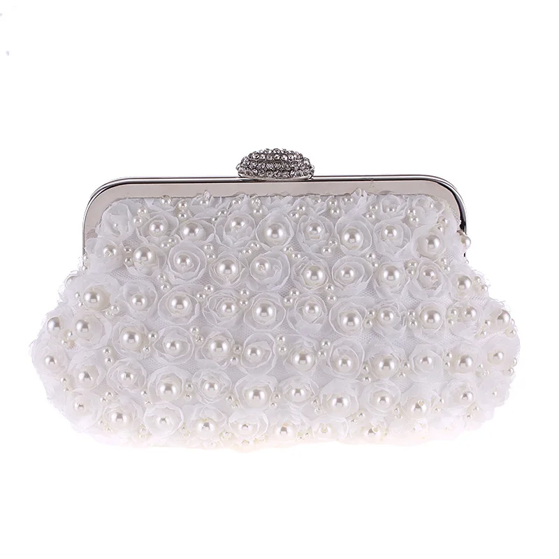 

Handmade Fashion Women's Evening Party Clutch Pearl Beaded Rose Flower Handbag Lady Flap Crystal Metal Frame Wild Dress Handbag