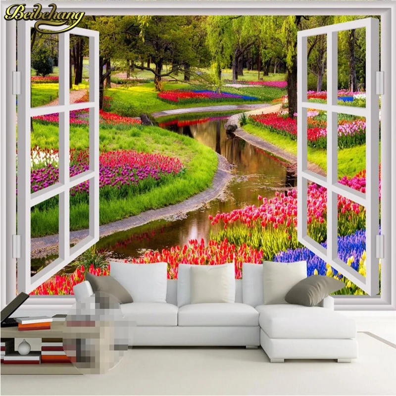 

Custom Photo wall papers home decor Stereo Large Murals False windows green flowers creek living room sofa bed bedroom wallpaper