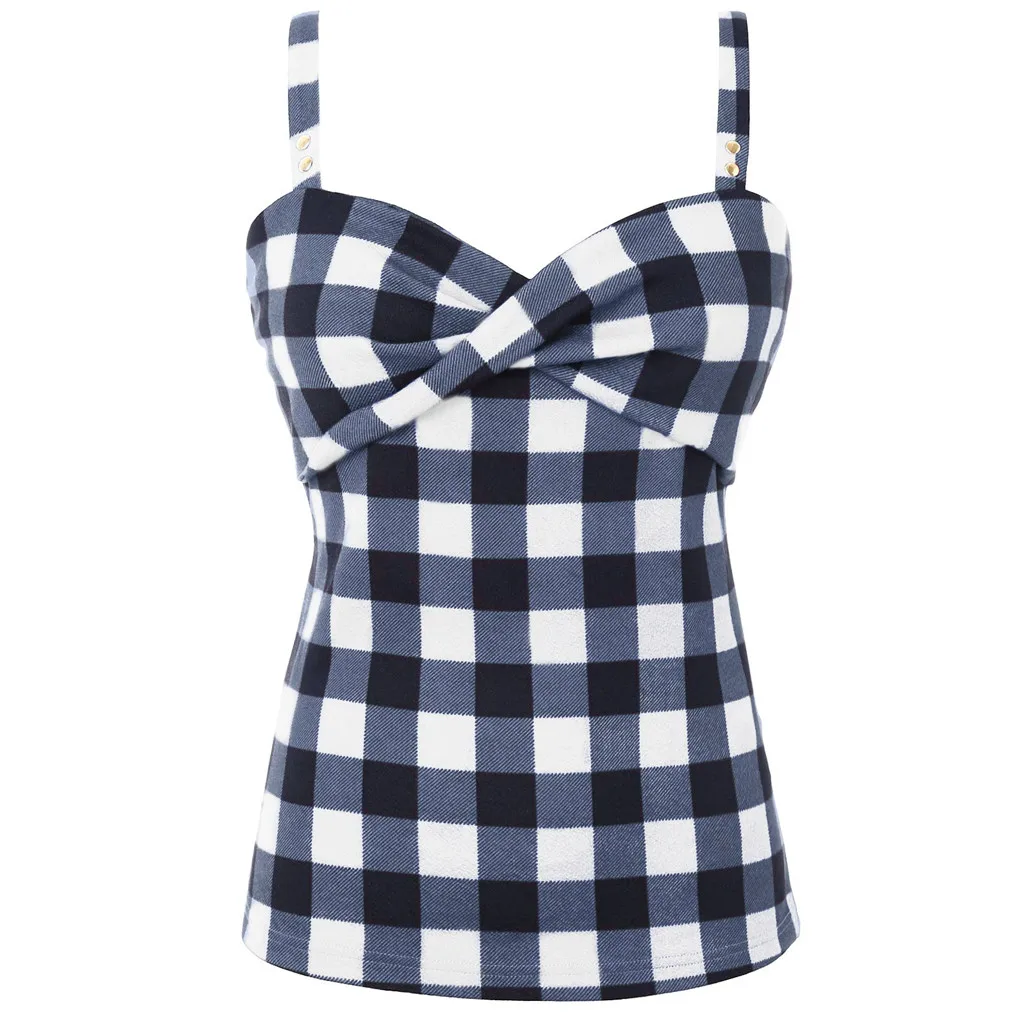 

Women's Plus Size Blouse 2019 Summer Party Plaid Vintage Checked Strappy Tunic Shirt Sexy Sleeveless V-Neck Blouse hot sale