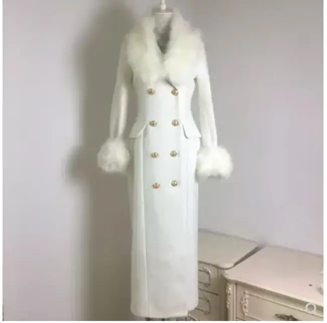 Зимнее модное женское Шерстяное Пальто с большим меховым воротником, белое шерстяное пальто, двубортное тонкое длинное шерстяное пальто - Цвет: sleeve with fur