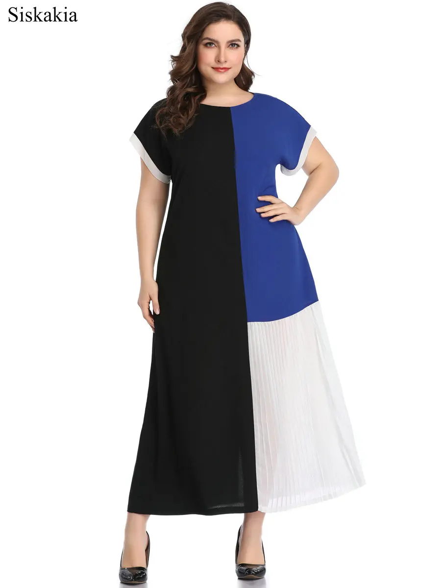 Siskakia Fashion Color Block Stitching Dress For Women Euro and American Round Neck Short Sleeve Big Size Female Dress Summer  (1)