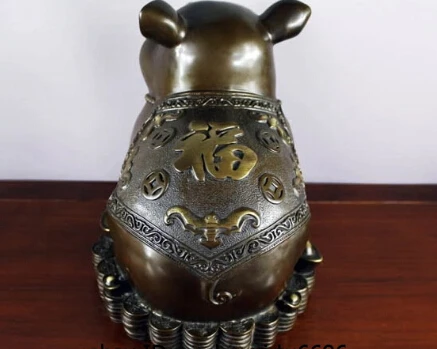 

S0152 Chinese Fengshui bronze Copper Zodiac Year Pig Yuanbao Coin Money Wealth Statue