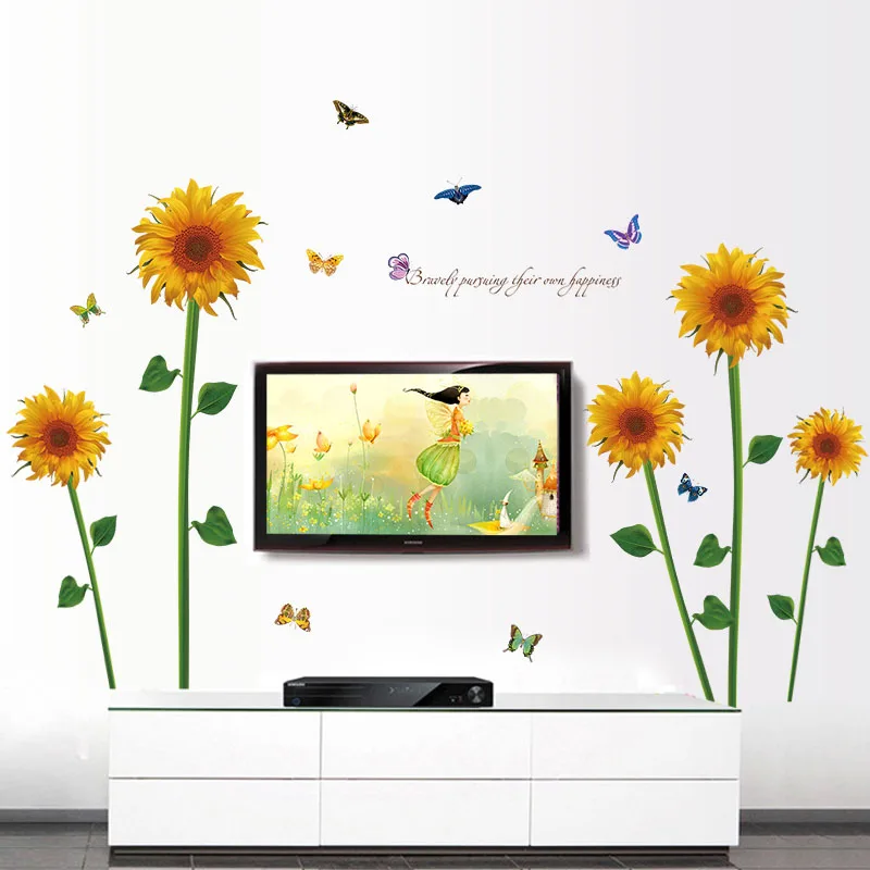 [Fundecor] sunflower flowers wall sitkers home decor living room window sofa tv background decoration decals bathroom mural | Дом и сад