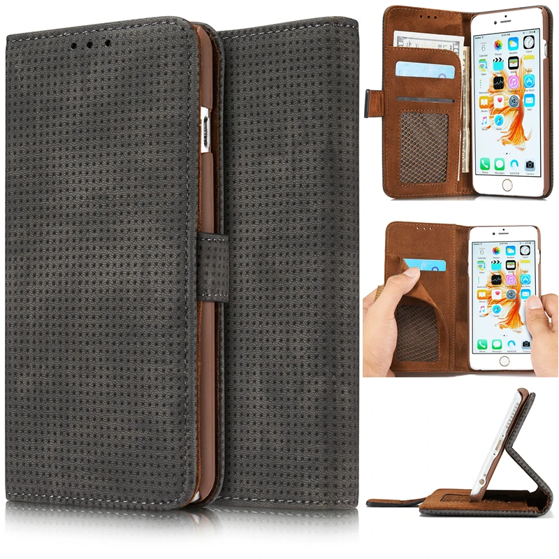 

Luxury Retro Mesh Ventilation Leather Wallet Book Style Flip Case Cover for iPhone 11 Pro Max 11 Pro Xs Max XR X 8 7 6s Plus 5s SE w/ Card Slots