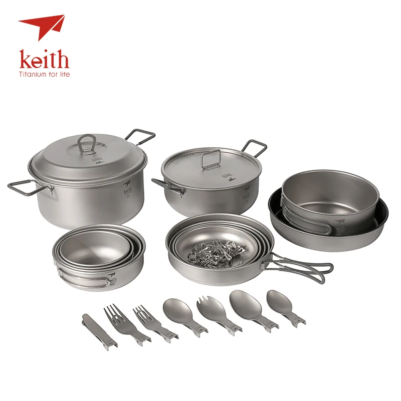 

Keith Titanium Cooking Pots Bowls Large Outdoor Camping Set For 4-5 Person 21 Pcs In 1 Lot Picnic Cookware Tablewares Set Ti6201