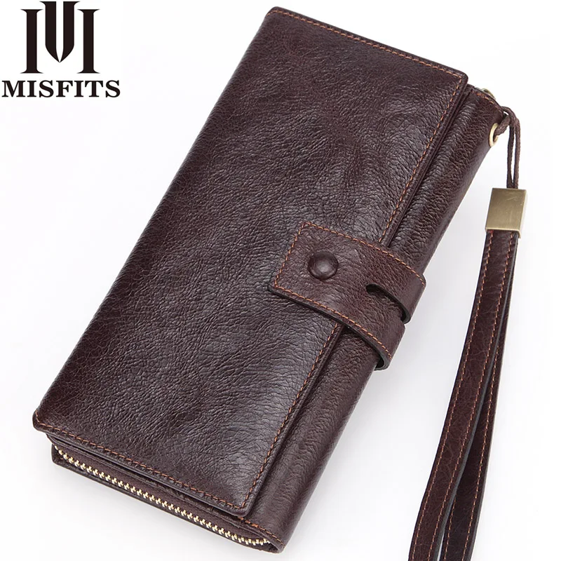 

MISFITS genuine leather men long wallet casual clutch cowhide male zipper wallet with card holder business cell phone coin purse