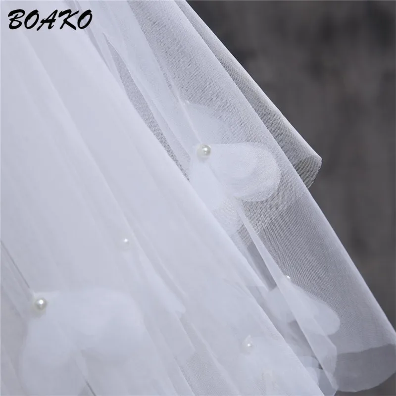 BOAKO 3 Meters Three Layer Tulle Long Wedding Veil White 3M Cut Edge Bridal Veil with Embroidered Flower Petals Velos De Novia