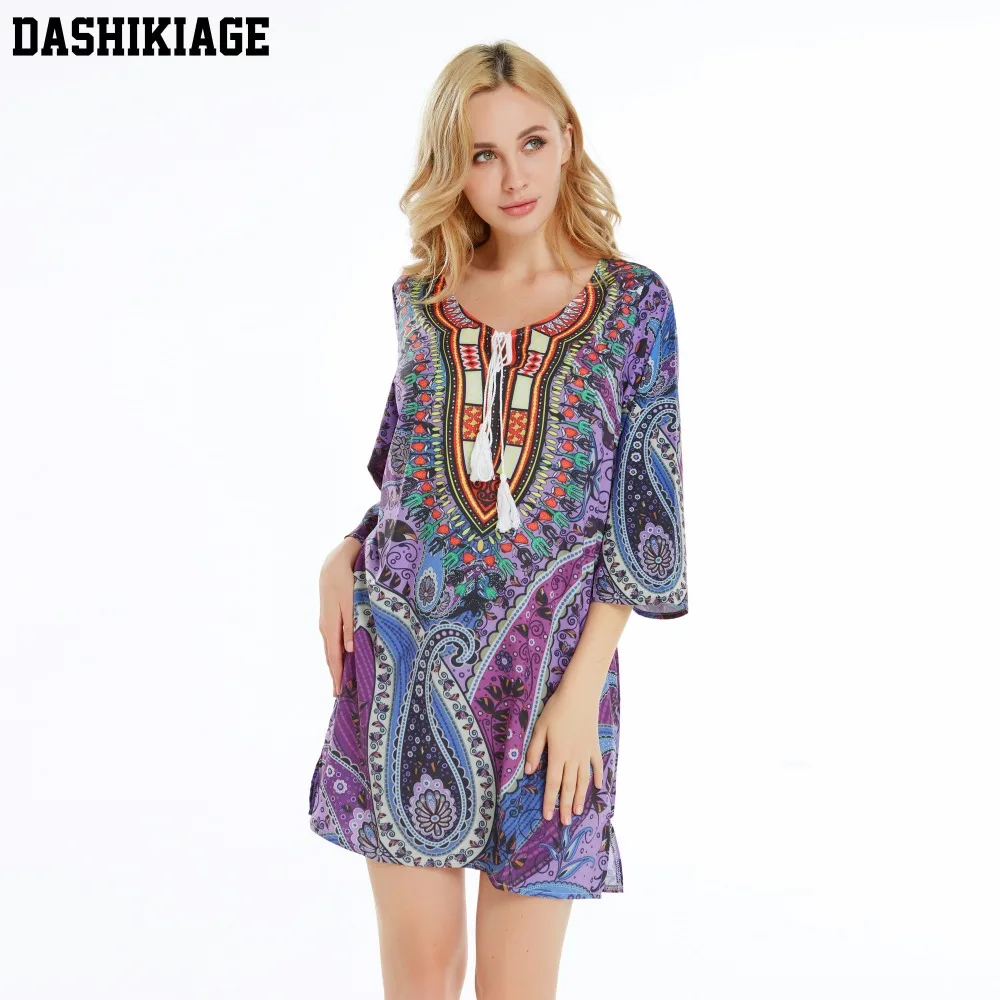 

Silk imitation Purple Sexy Succunct African Tranditional Print Dashiki Bohemian Macrame Sexy Dress for lady