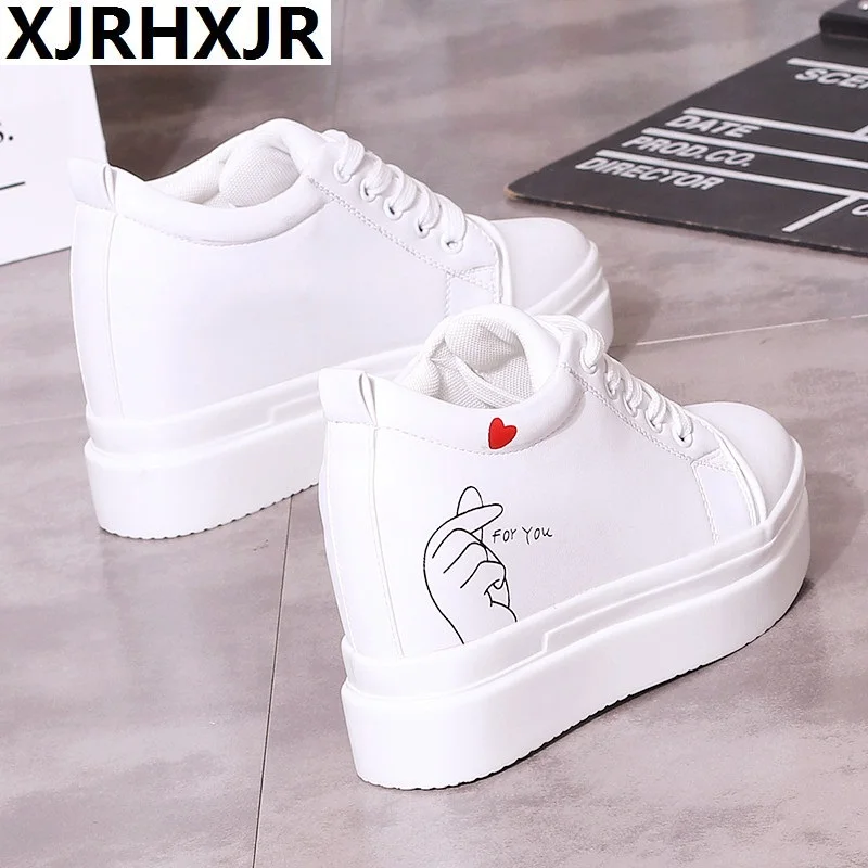 XJRHXJR/черно-белая повседневная обувь на танкетке 10 см, увеличивающая рост; женская парусиновая обувь на платформе; высокие кроссовки на шнуровке