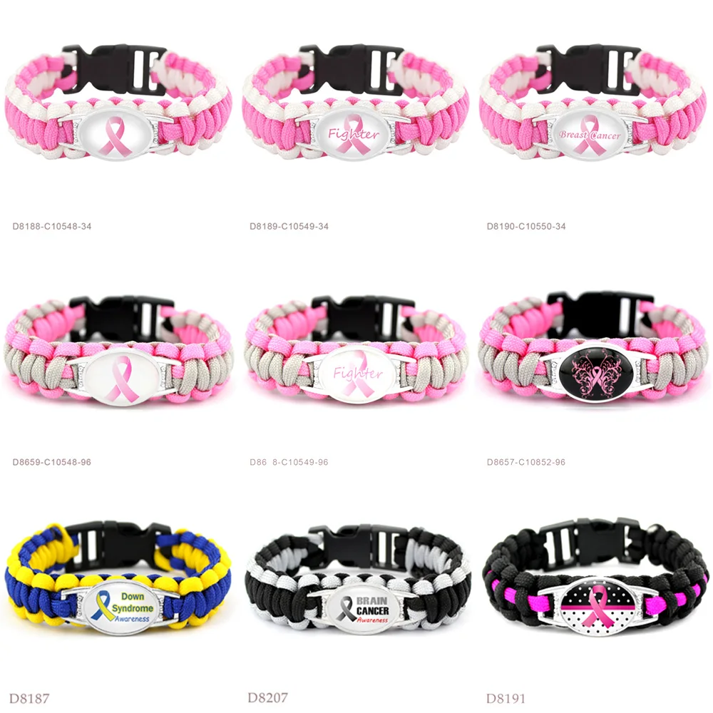 الشريط الوردي سرطان الثدي سرطان الوعي بقاء Paracord سحر أساور 18*25mm الزجاج كابوشون الرجال النساء مجوهرات هدية