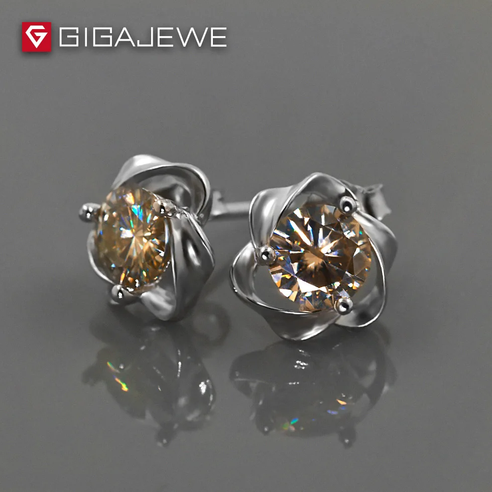 GIGAJEWE Муассанит с желтым круглым срезом общая 1.0ct выращенные лабораторно алмазы 3-контактный Серебряные серьги Модные украшения подарок девушке