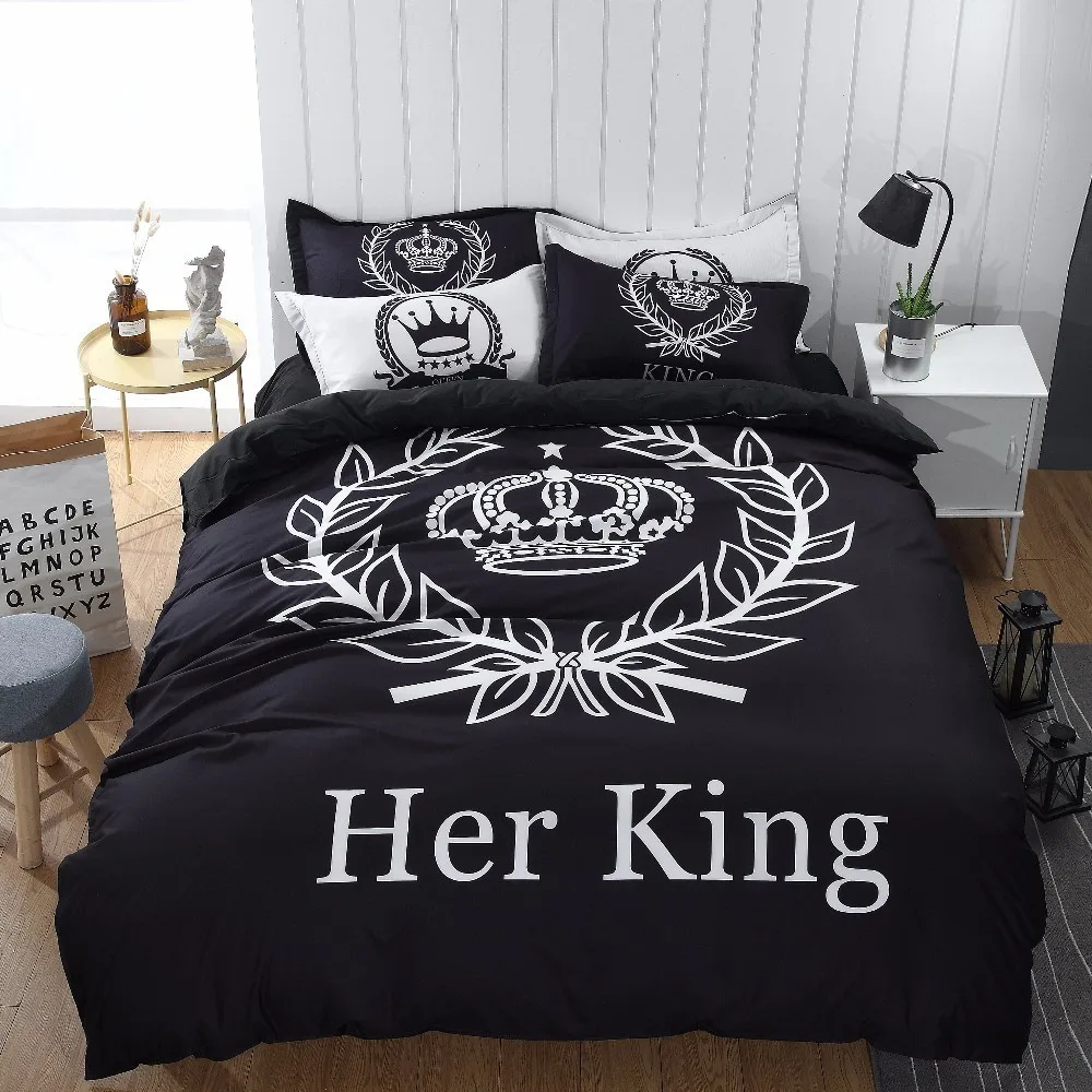 Black Her King Bedding Set Crown Design 3/4 Pcs Duvet Cover Set Bed Sheet and Pillow Case Twin ...