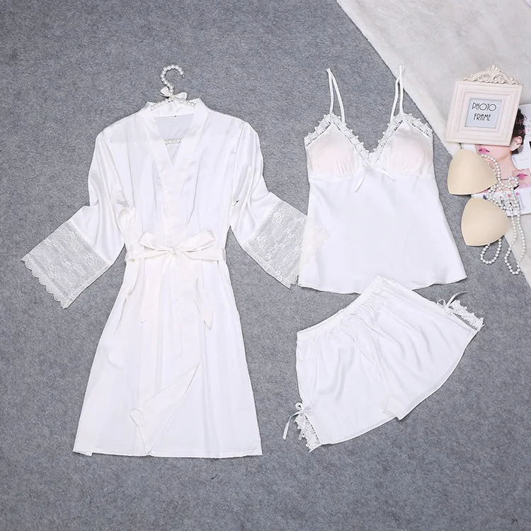 

2018 Summer Robe Pajamas Womens 3PC Strap Top Pants Suit Sleepwear Sets Casual Home Wear Nightwear Sexy Bath Gown M-XXL