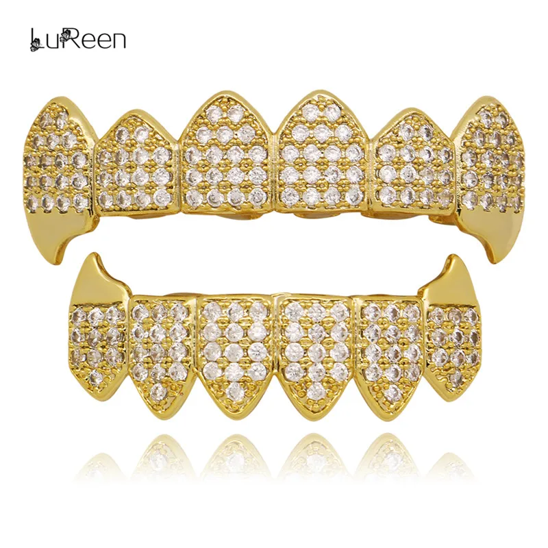 

LuReen Hip Hop Gold Teeth GrillsZTop&Bottom Iced Out Grills Dental Vampire Fang Teeth Caps Party Tooth Jewelry Party LD0123