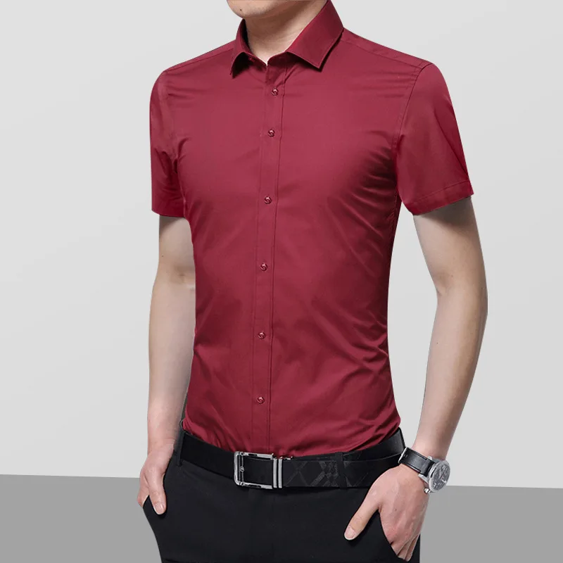 Новое поступление, модные, тонкие облегающие мужские уникальная горловина стильное платье короткий рукав рубашки мужская одежда футболки Размеры 6XL 7XL 8XL - Цвет: Wine red