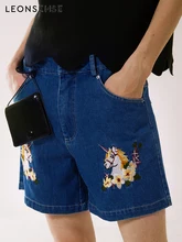 Leonsense original brand New floral horse embroidered shorts men shorts Low waisted denim women Blue short Button female jeans Leonsense original brand New floral horse embroidered shorts men shorts Low waisted denim women Blue short Button female jeans