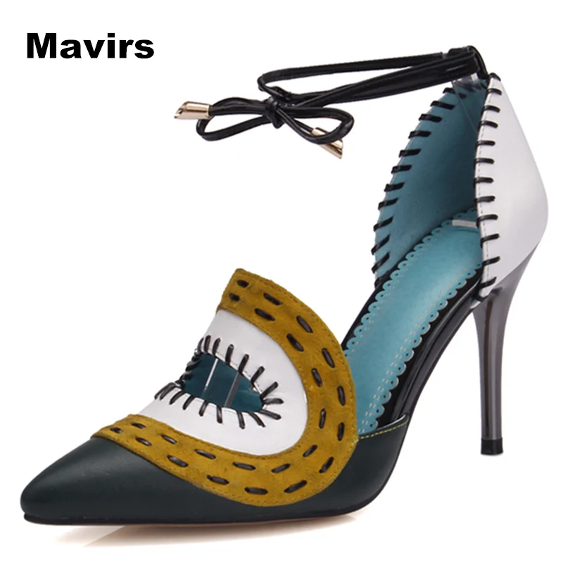 

Summer New Genuine Leather High Heels Sandals Shoes Pointed Toe Mixed Colors Women Pumps Sapato Feminino Shoes