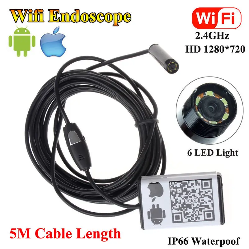 

Free shipping!WIFI IOS and Android Endoscope Borescope HD 720P Inspection 5M Snake Camera 9MM