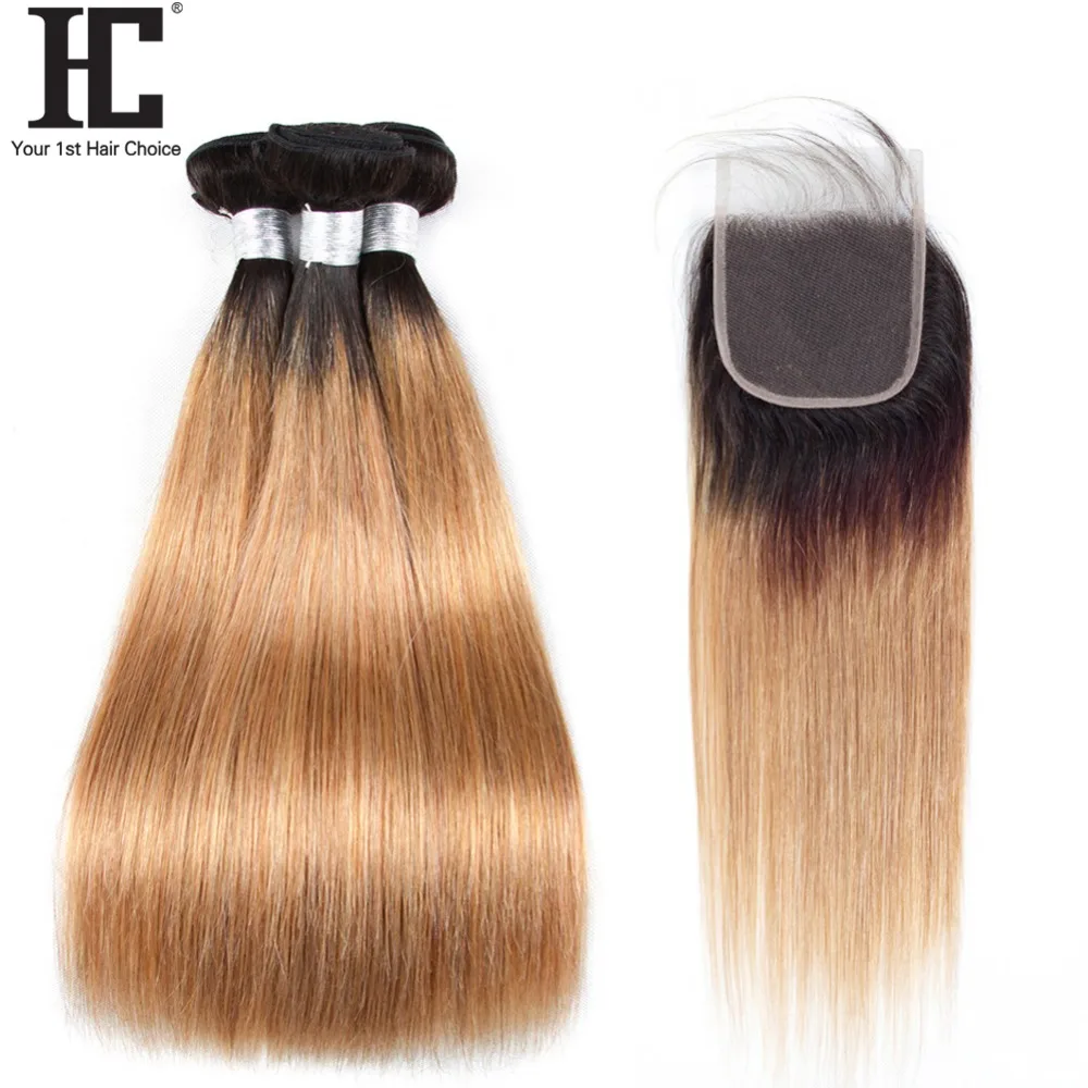 

3 Bundles Ombre Malaysian Hair Bundles With Closure T1B/27 Dark Root Honey Blonde Straight Human Hair Weave HC Hair Non Remy