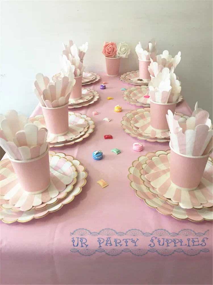 16 Sets Pink and Gold Party Tableware set with Table Cover Paper Plates
