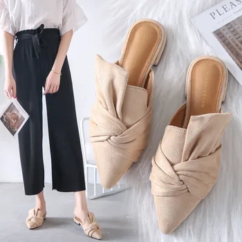 

designer big knot slippers women pointed toe flock sandals flat heel summer shoes woman flip flops bow slides women mules