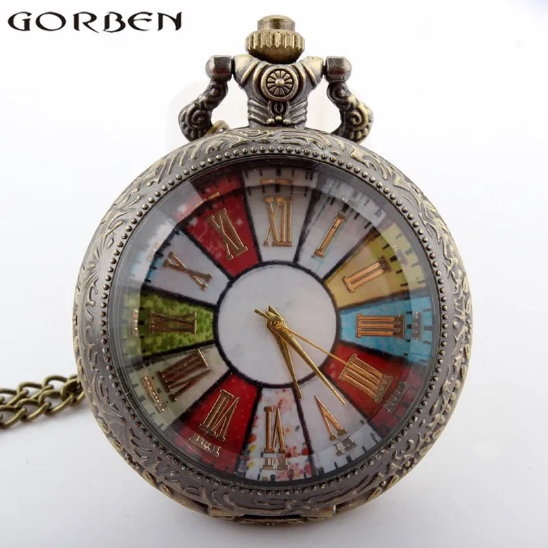 Gorben часы с римскими цифрами красочные карманные часы с циферблатом с поворотным механизмом винтажное ожерелье с подвеской Ретро подарок для мужчин и женщин Длинная цепочка