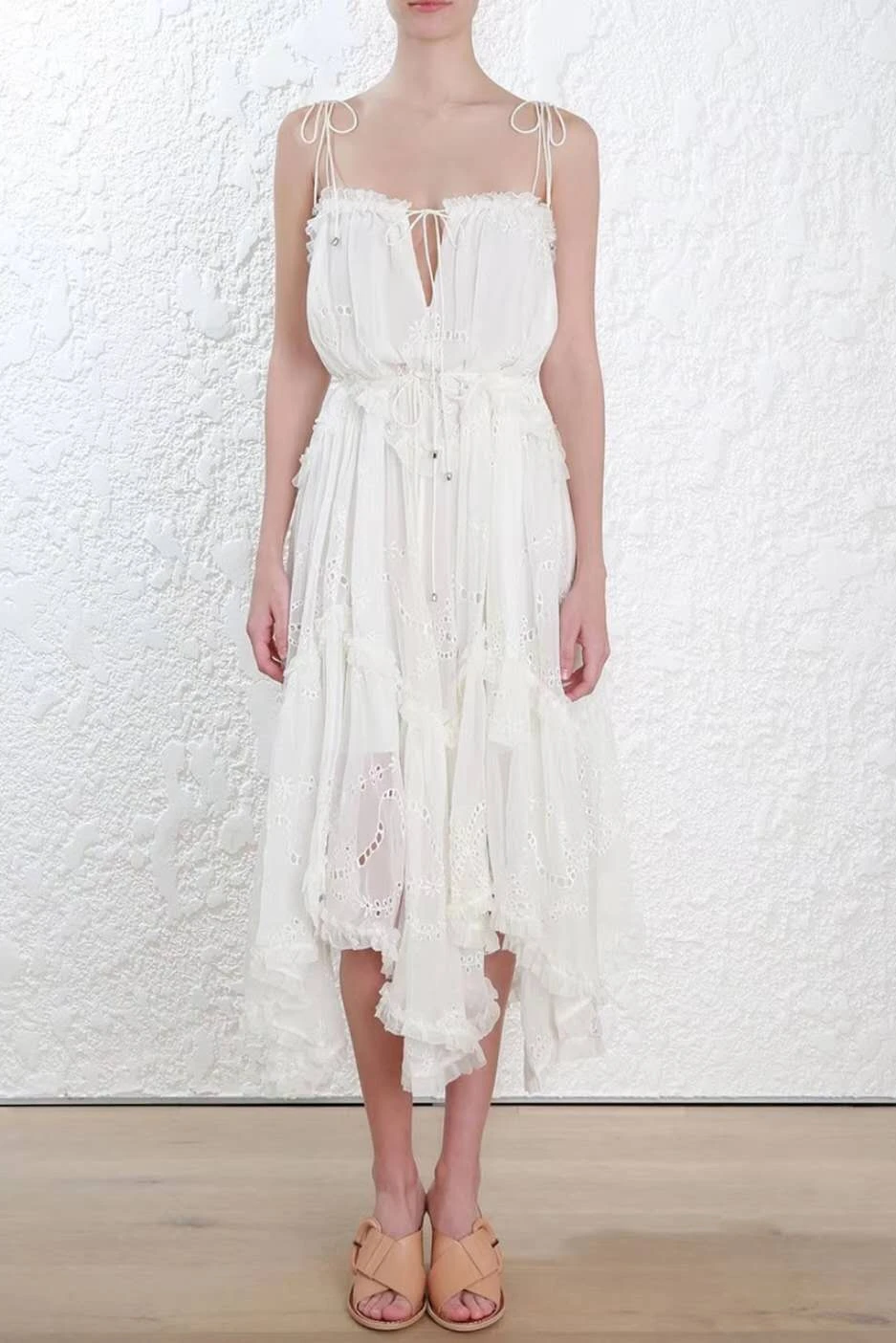

Women Spaghettie Straps Prima Ruffled White Silk-georgette Midi Dress Asymmetric Panelled Prima Bow Floating Midi Dress