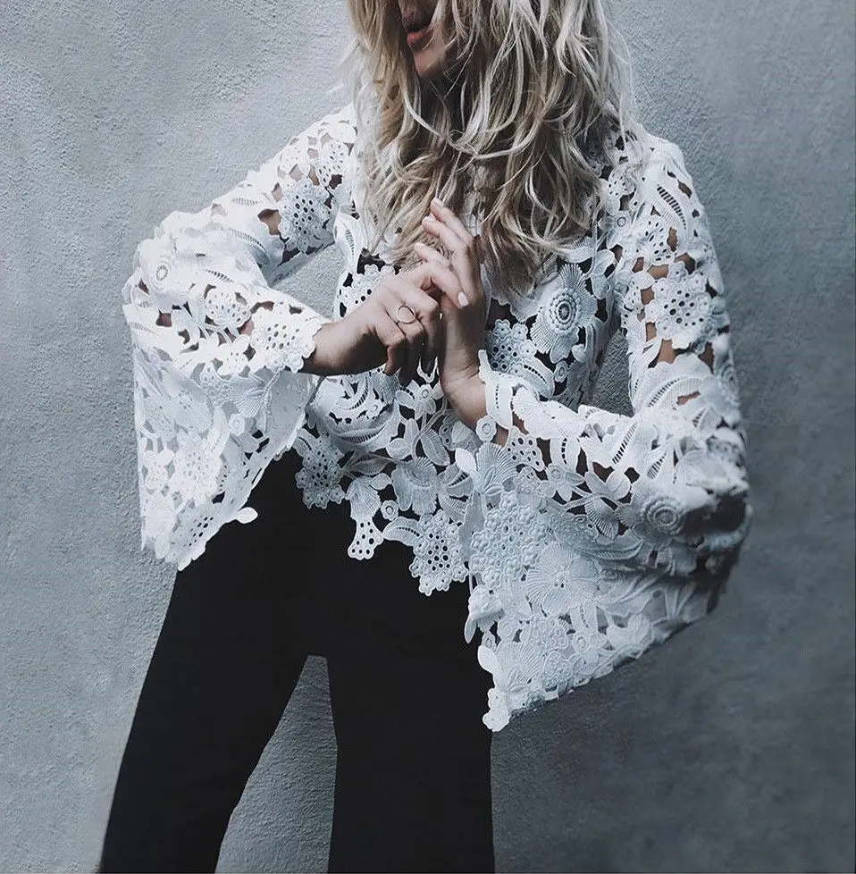 

Fashion Womens Lace Crop Tops Sexy Hollow Out Lace Shirt Blouses Long Sleeve Loose Blouse Casual Shirt Summer Tops Tee Shirt