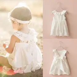Летние От 1 до 7 лет новорожденных платье для маленьких девочек Хлопковое кружевное с бантом сзади детские для маленьких девочек одежда