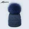 Real Fox Fur pom poms ball Skullies Beanies Keep Warm Winter Hat for Women Child Girl 's Wool Hat Knitted cap thick female cap ► Photo 1/6