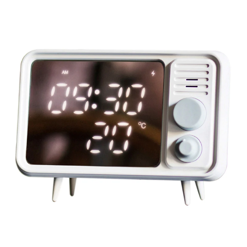 

Hot Multi-Function Retro Tv Shape Alarm Clock Lamp Mirror Multi-Function Mirror Clock Thermometer Bed Clock-Grey Blue