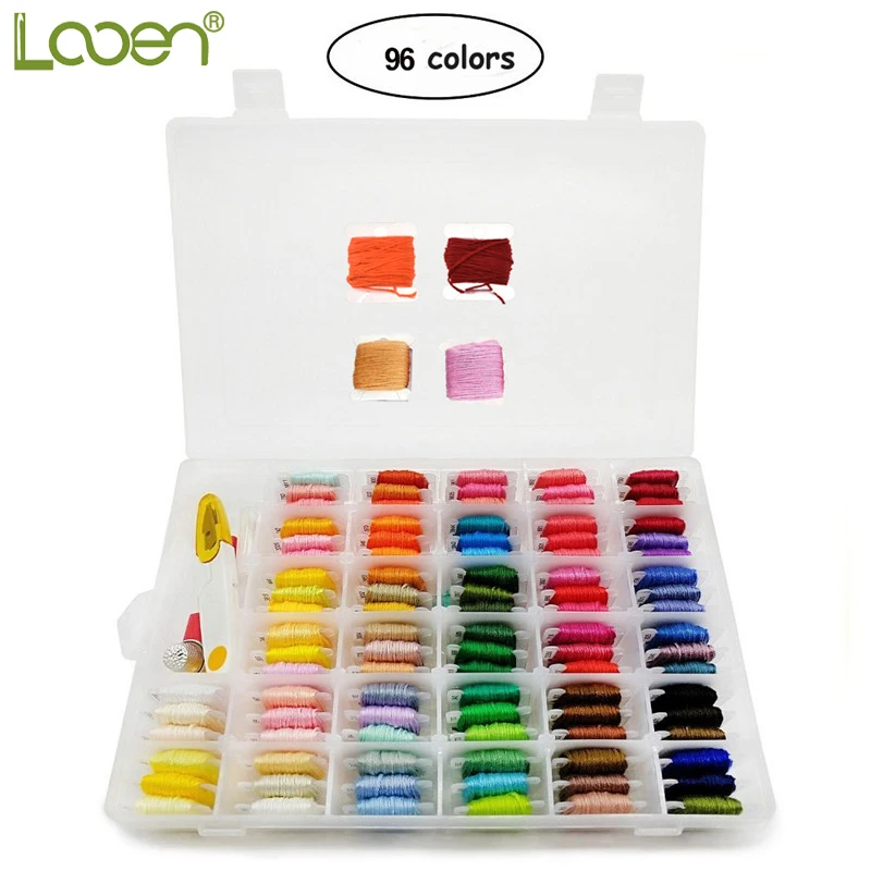 

Looen 96pcs Embroidery Floss Cross Stitch Thread Kit with Threader Bobbins Sewing Needles Storage Box Embroidery Starter Kit
