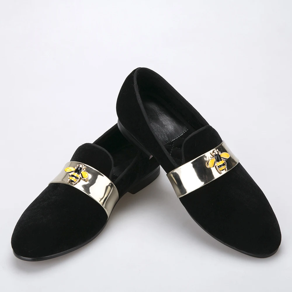New style Handmade men velvet loafers with Gold Patent leather and Bee buckle wedding and party men dress shoes men's flats
