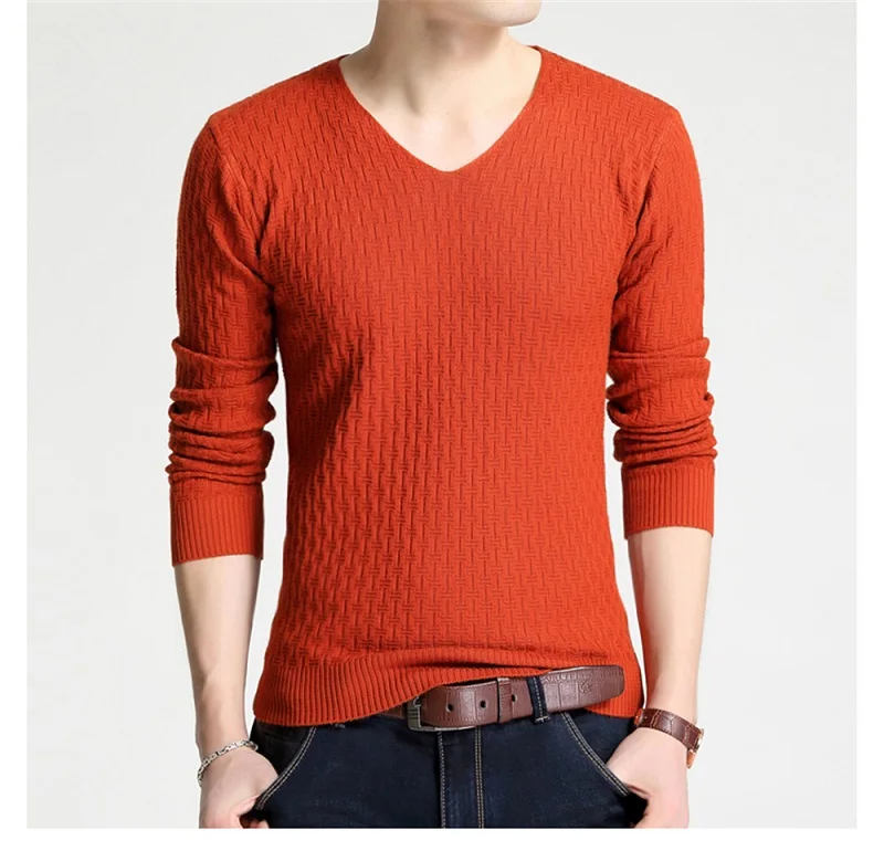 Мужской тонкий v-образный вырез тонкий Хлопковый вязаный свитер джемпер пуловер для мужчин - Цвет: orange mens sweater